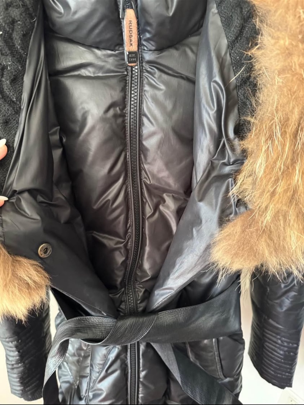 RUDSAK Black Belted Puffer Coat with Brown Faux Fur Trim - Picture 3 of 5